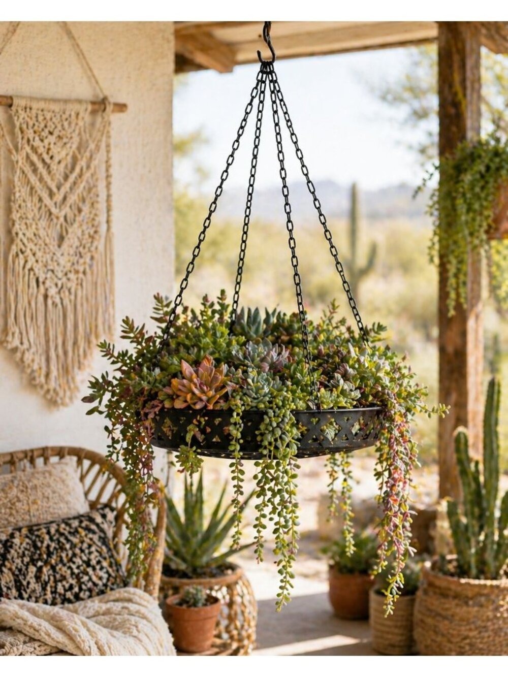 Black Metal Hanging Planter Basket 12 Rustic Farmhouse Boho Indoor Outdoor - Picture 4 of 8